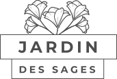 Logo du Jardin des sages, résidence pour personnes âgées, avec cinq fleurs stylisées dans des tons beige et gris.