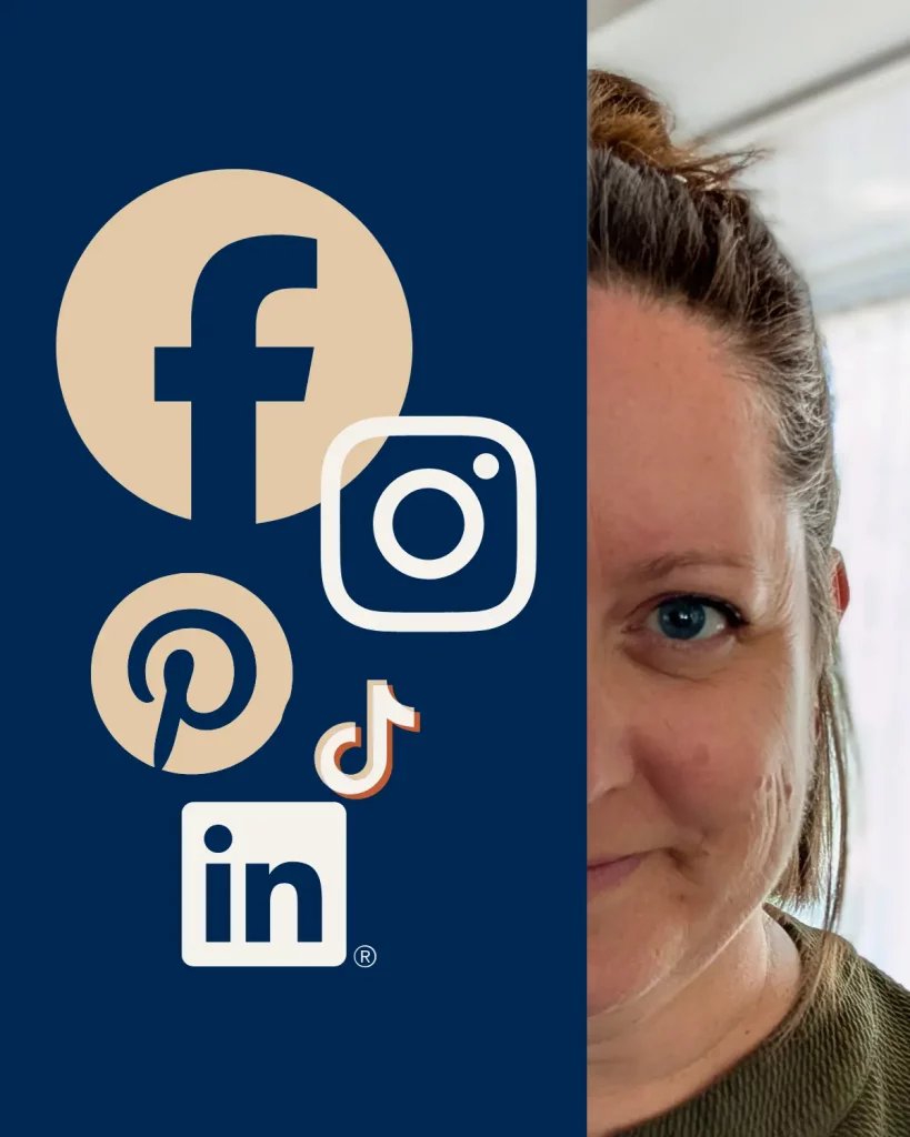 Montage présentant Marie-Claude Demers entourée de logos de médias sociaux illustrant l'accompagnement en communication numérique.