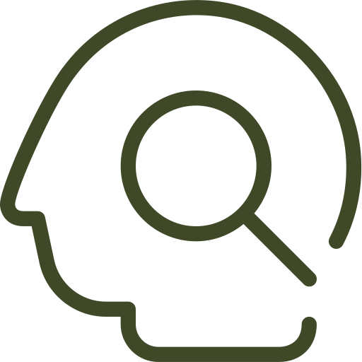 Icône d'une tête avec une loupe représentant l'écoute, l'analyse et la compréhension avant l'action.